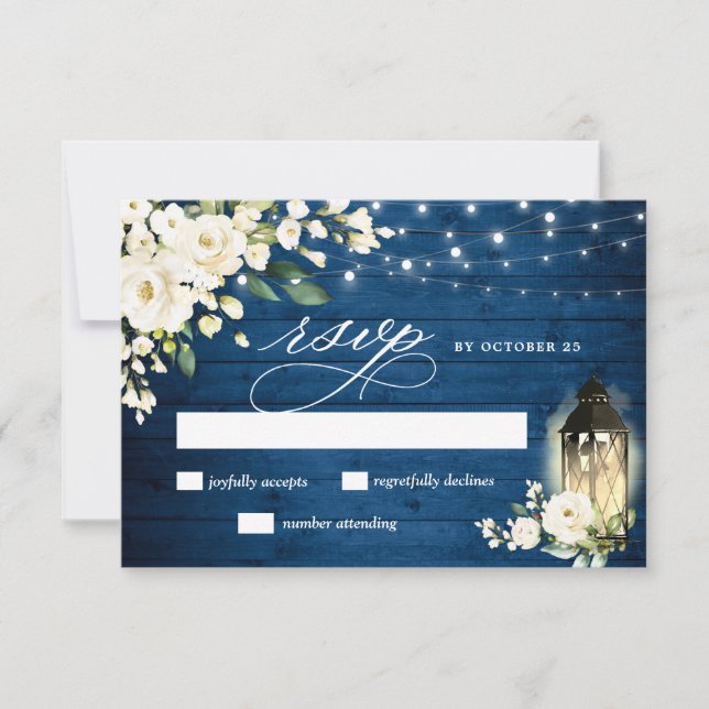 Cartão RSVP Casamento de Lanterna de Madeira Azul Rosas Branca (Frente)