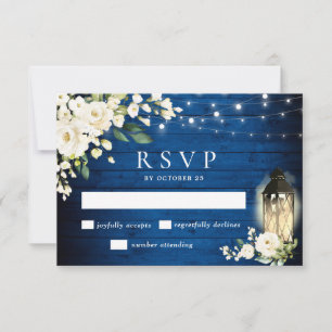 Cartão RSVP Casamento de Lanterna Real Azul de Rosas Brancas
