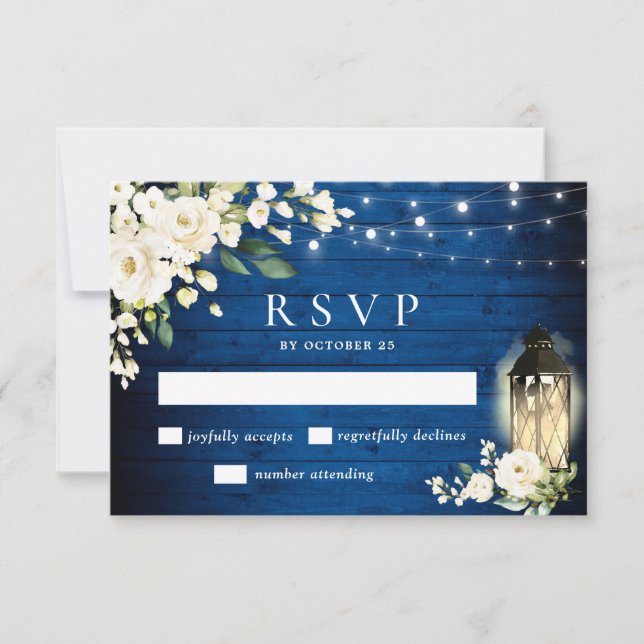 Cartão RSVP Casamento de Lanterna Real Azul de Rosas Brancas (Frente)