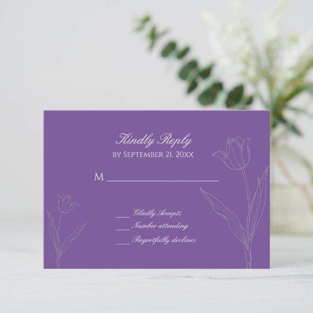 Cartão RSVP Casamento de lavandas e Cinzas com Tulipas Minimal (Em pé/Frente)