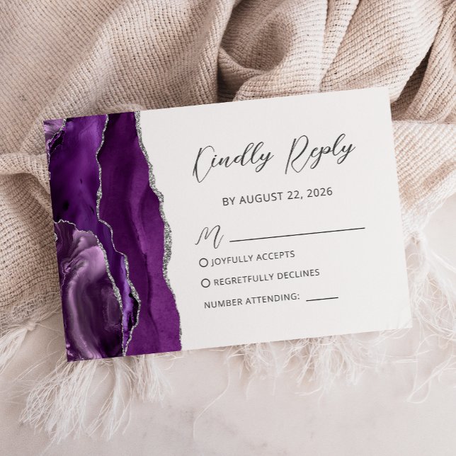 Cartão RSVP Casamento de Letra Moderna Ágata Prata Roxa (Criador carregado)