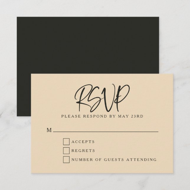 Cartão RSVP Casamento de Letras Modernas de Black Beige (Frente/Verso)