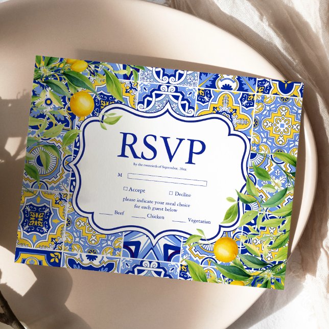 Cartão RSVP Casamento de Limões azulejos Azuis (Criador carregado)