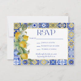 Cartão RSVP Casamento de limões com Azulejos azuis italianos d
