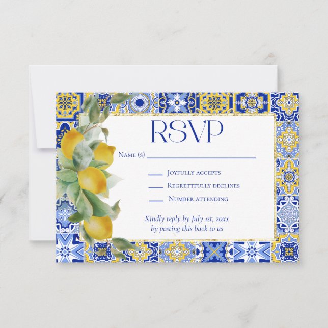 Cartão RSVP Casamento de limões com Azulejos azuis italianos d (Frente)