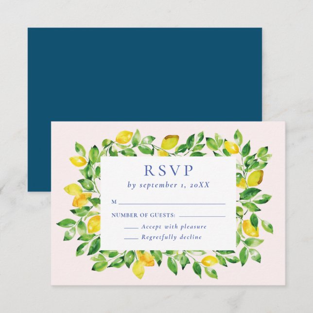 Cartão RSVP Casamento de limões e folhagem com aquarelas de Ve (Frente/Verso)