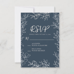 Cartão RSVP Casamento de Linha Botânica Azul Naval Branco Eleg