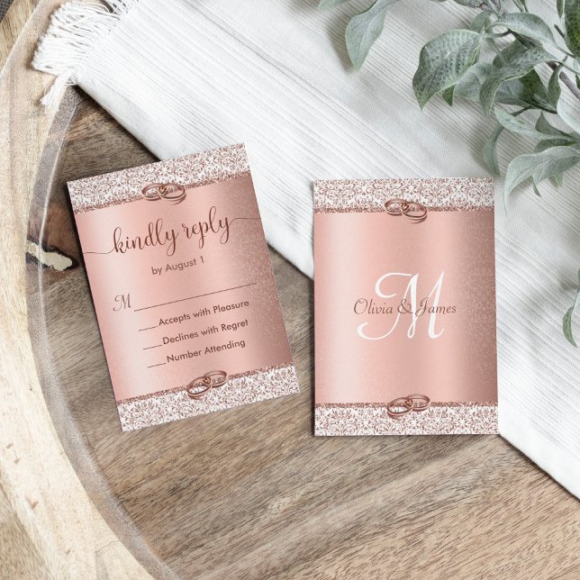 Cartão RSVP Casamento de Literatura Dourada Elegante Rosa (Criador carregado)