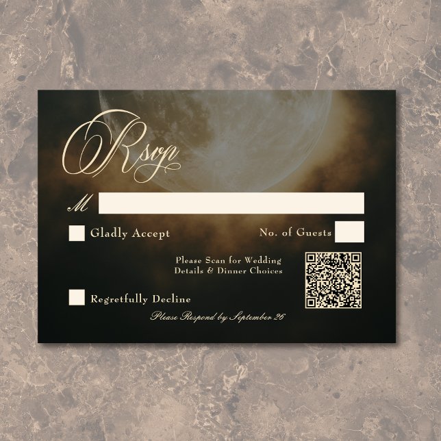 Cartão RSVP Casamento de Lua Cheia Gótica Escuro QR (Gothic Dark Full Moon Arch Wedding QR RSVP Card)
