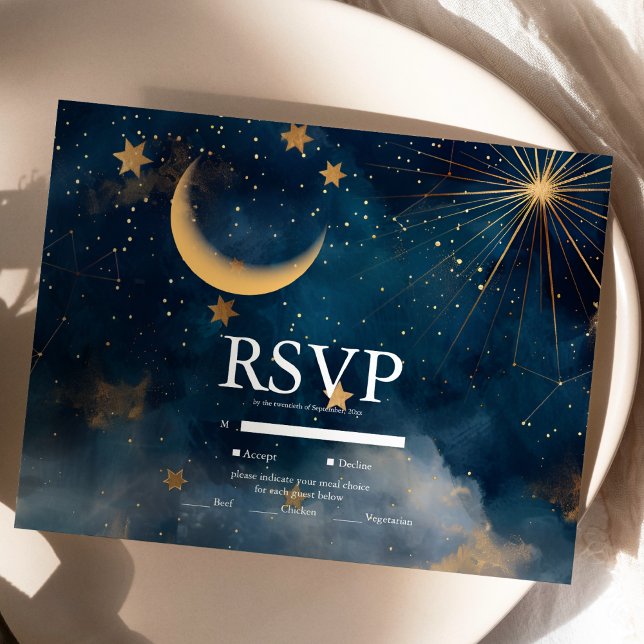 Cartão RSVP Casamento de Lua das Estrelas Azuis Celestiais (Criador carregado)