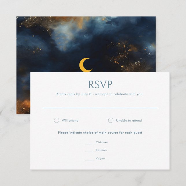 Cartão RSVP Casamento de Lua Ouro Azul Celestial Abstrato (Frente/Verso)