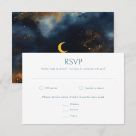 Cartão RSVP Casamento de Lua Ouro Azul Celestial Abstrato