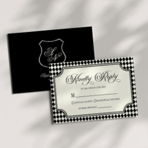 Cartão RSVP Casamento de Luxo Antigo Preto Marfim Vintage