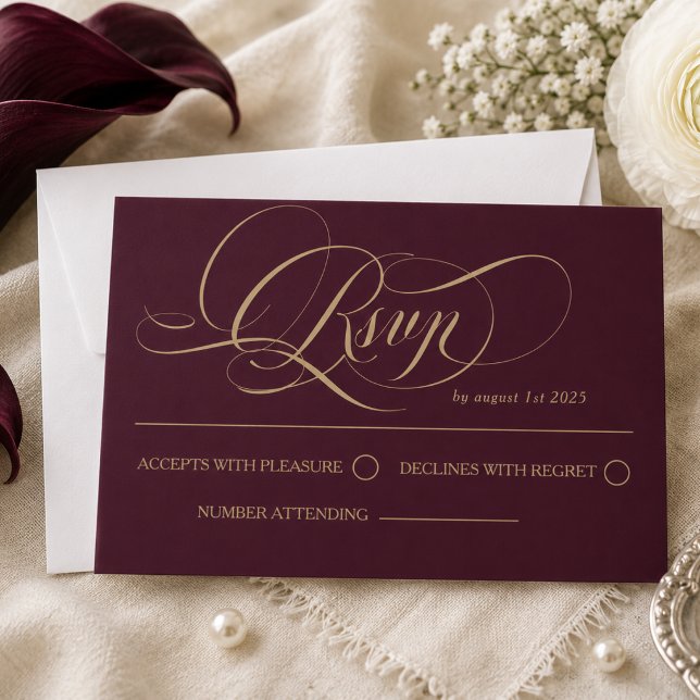 Cartão RSVP Casamento de Luxo Borgonha (Criador carregado)