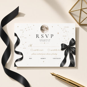Cartão RSVP Casamento de Luxo Celestial Lua Preta com Laço