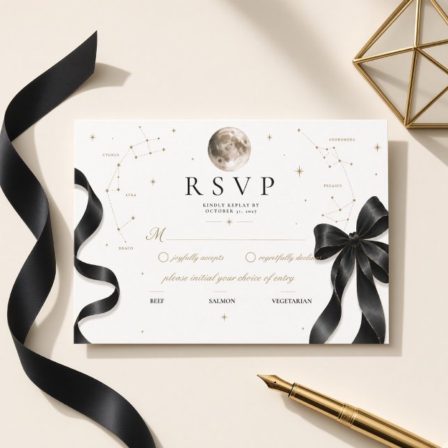 Cartão RSVP Casamento de Luxo Celestial Lua Preta com Laço (Criador carregado)