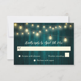 Cartão RSVP Casamento de Luzes de Corda de Madeira de Teal Rus