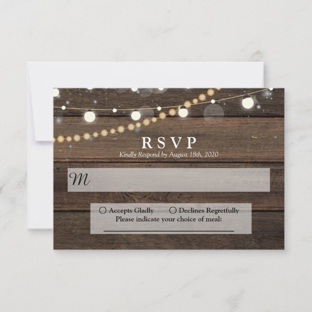 Cartão RSVP Casamento de Luzes de Corda de Madeira Rustic Barn (Frente)