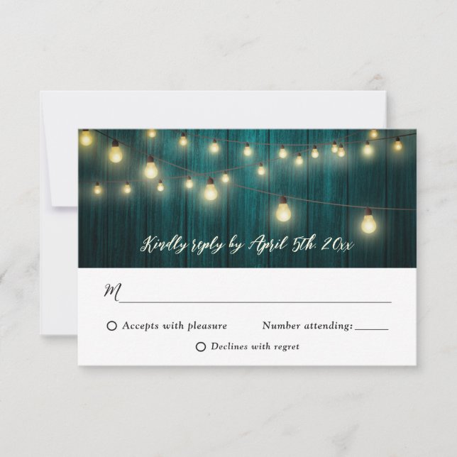 Cartão RSVP Casamento de Luzes de Corda de Madeira Teal Rustic (Frente)