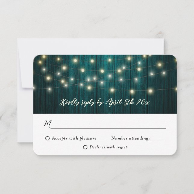 Cartão RSVP Casamento De Luzes De Fada De Madeira Teal Rústica (Frente)