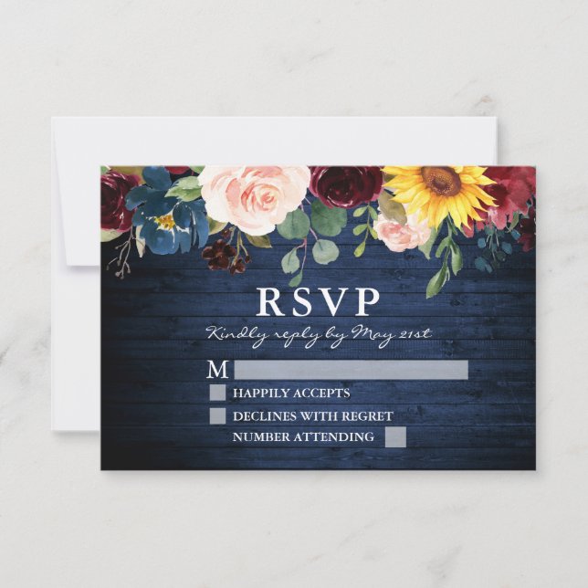 Cartão RSVP Casamento de Madeira Azul Rústica Floral Mistura (Frente)