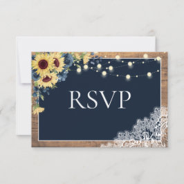Cartão RSVP Casamento de Madeira com rendas de girassol azul-M