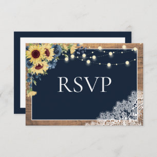 Cartão RSVP Casamento de Madeira com rendas de girassol azul-M