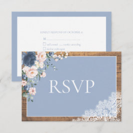 Cartão RSVP Casamento de Madeira com rendas flóricas azuis e p