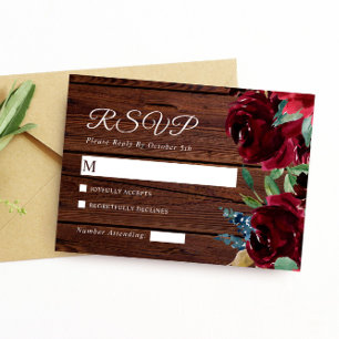 Cartão RSVP Casamento de Madeira Elegante Burgundy e Marsala