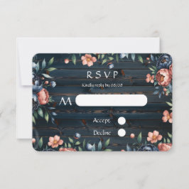 Cartão RSVP Casamento de madeira marinho Azul e Buquê de Cobre