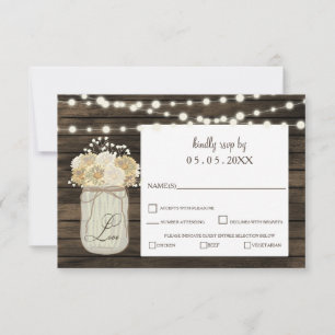 Cartão RSVP Casamento de Madeira na Rússia Mason Jar Daisy Bar
