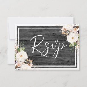 Cartão RSVP Casamento de Madeira Rústica com Carvão de Flore