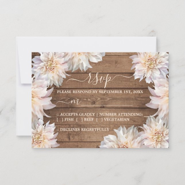 Cartão RSVP Casamento de Madeira Rústica com Flor Rosa Dahlia (Frente)