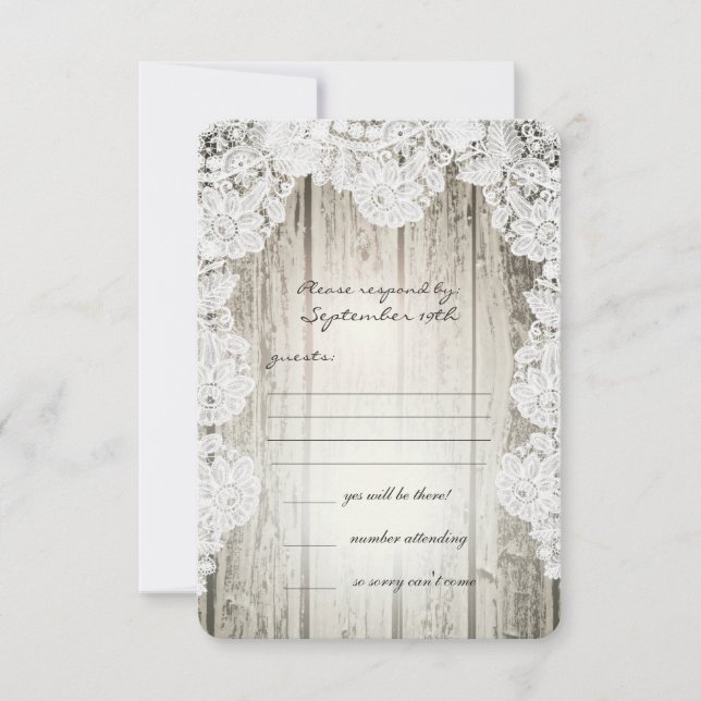Cartão RSVP Casamento de Madeira Rústica Country Faux Lace Bar (Frente)