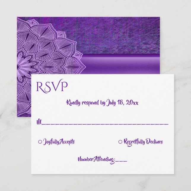 Cartão RSVP Casamento de Mandala, Caligrafia Simples Elegante (Frente/Verso)