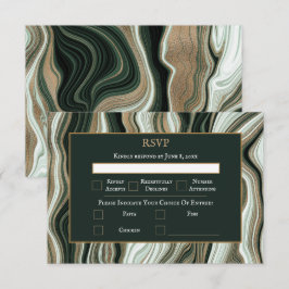Cartão RSVP Casamento de Marble Elegante Verde e Dourado