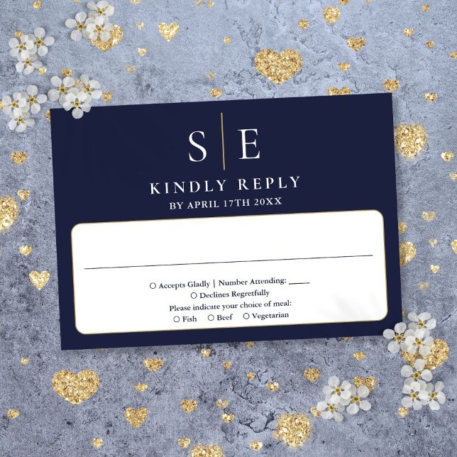 Cartão RSVP Casamento De marinho Azul E Monograma Dourado (Navy Blue And Gold Monogram Wedding RSVP Card)