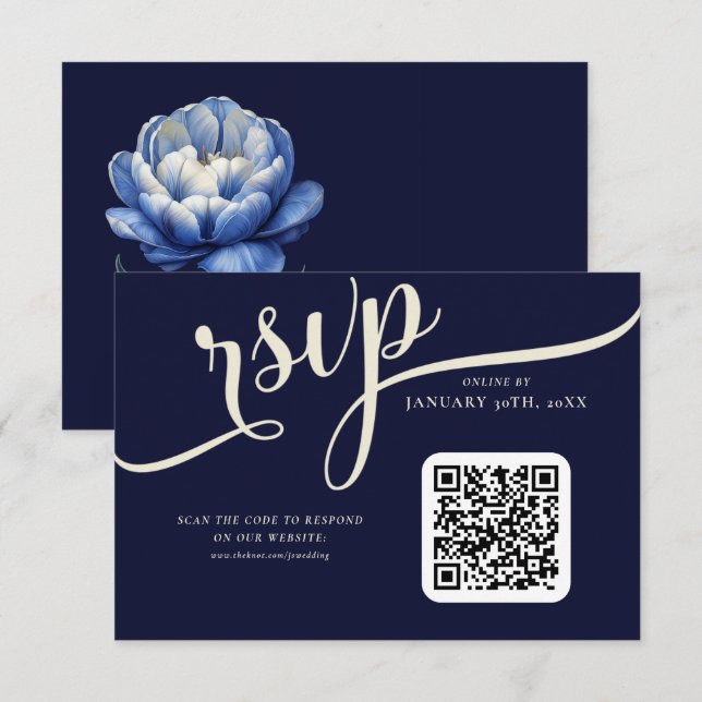 Cartão RSVP Casamento de Marinho Elegante Azul e Creme Tulip (Frente/Verso)