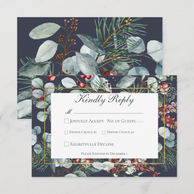 Cartão RSVP Casamento de Marinho Greenery de Natal (Frente/Verso)