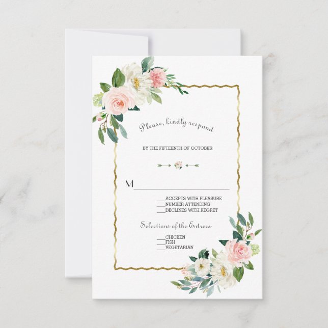 Cartão RSVP Casamento de Marinhos Dourados com Flores de Água (Frente)