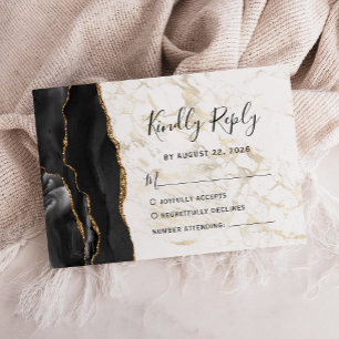 Cartão RSVP Casamento de Mármore de Ágata Dourada Preta Modern