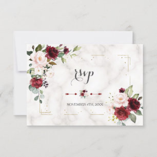 Cartão RSVP Casamento de Mármore Dourado Floral com Blush Burg