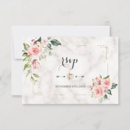 Cartão RSVP Casamento de Mármore Dourado Floral de Blush Elega