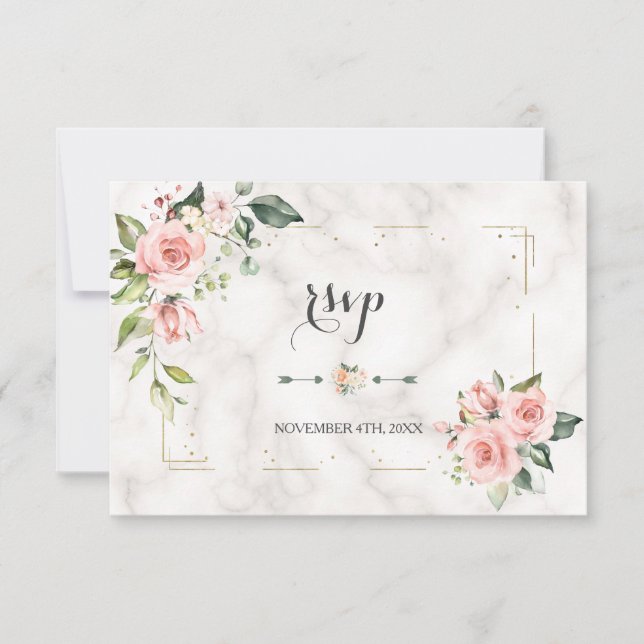 Cartão RSVP Casamento de Mármore Dourado Floral de Blush Elega (Frente)
