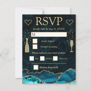 Cartão RSVP Casamento de Mármore e Ágata Falsa Brilho Azul e D