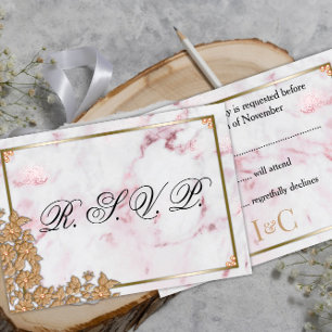 Cartão RSVP Casamento de Mármore e pérolas de Ouro rosa