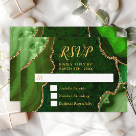 Cartão RSVP Casamento de mármore verde e Dourado