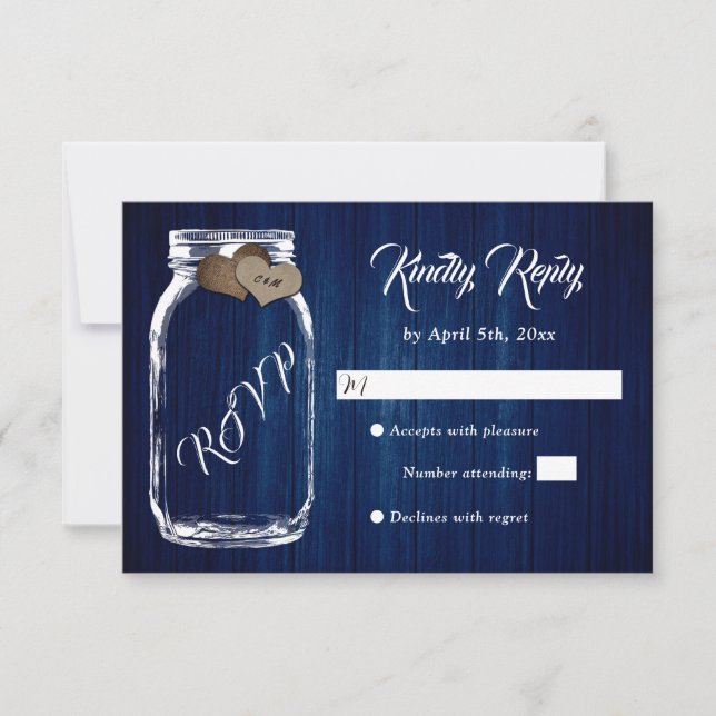 Cartão RSVP Casamento de Mason Jar, Madeira marinho Blue Rusti (Frente)