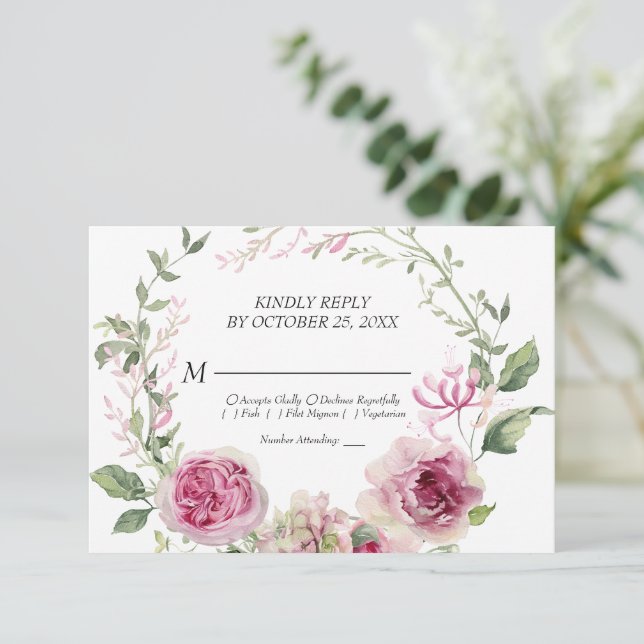 Cartão RSVP Casamento de Moldura Floral Cor-de-Água Rosa (Em pé/Frente)