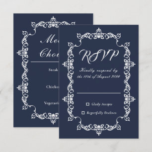 Cartão RSVP Casamento de Moldura Ornamentada Azul Meia-Noite C